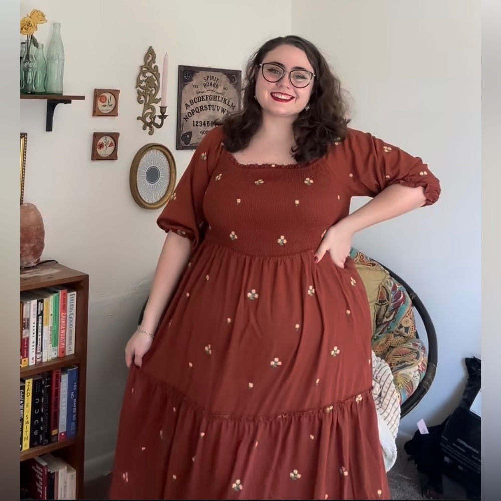 Rust Orange Dress with Floral Embroidery